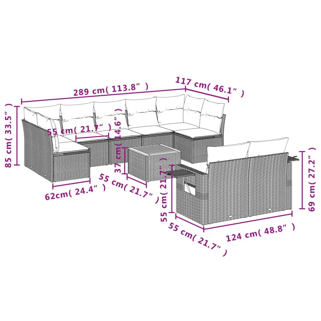 10 Piece Outdoor Sectional Sofa Set Grey PE Rattan with Acacia Wood Table Top