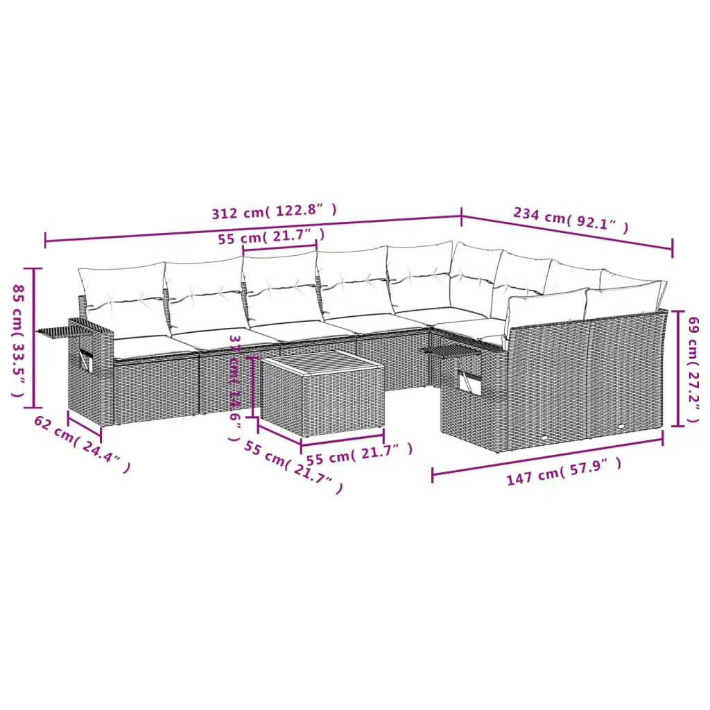 Outdoor Sectional Sofa Set 10 Piece Garden Furniture Grey Poly Rattan with
