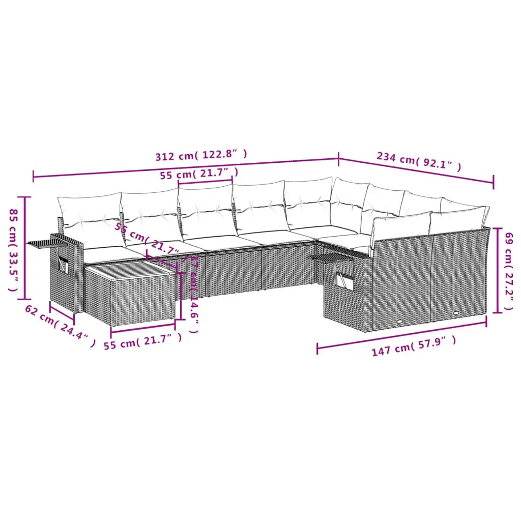 Outdoor Sectional Sofa Set 10 Piece Garden Furniture Grey Poly Rattan with