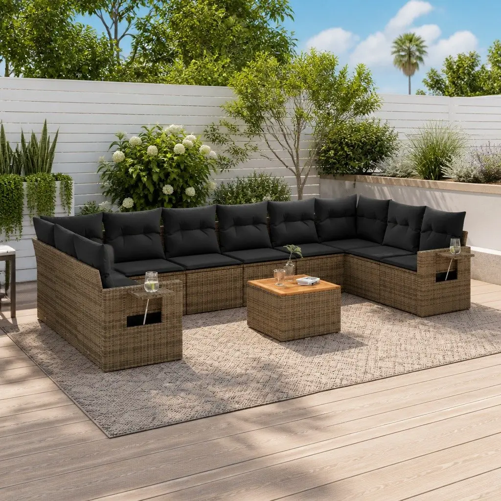 Outdoor Sectional Sofa Set 11 Piece Grey Poly Rattan Garden Furniture with