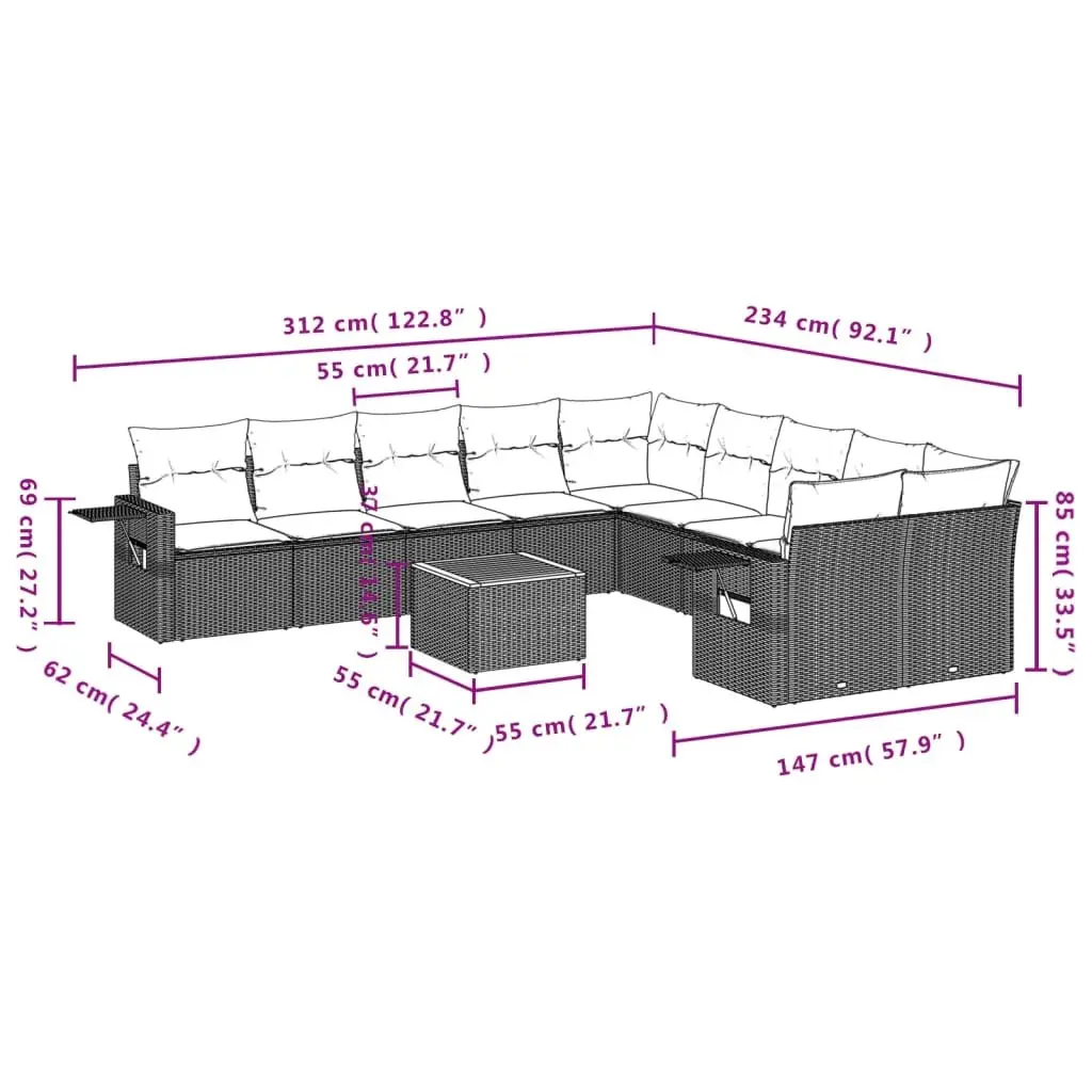 Outdoor Sectional Sofa Set 11 Piece Garden Furniture Grey Poly Rattan with