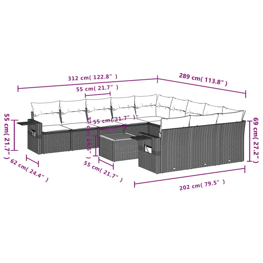 Garden Sofa Set 12 Piece Grey Outdoor Sectional Modular Patio Furniture with