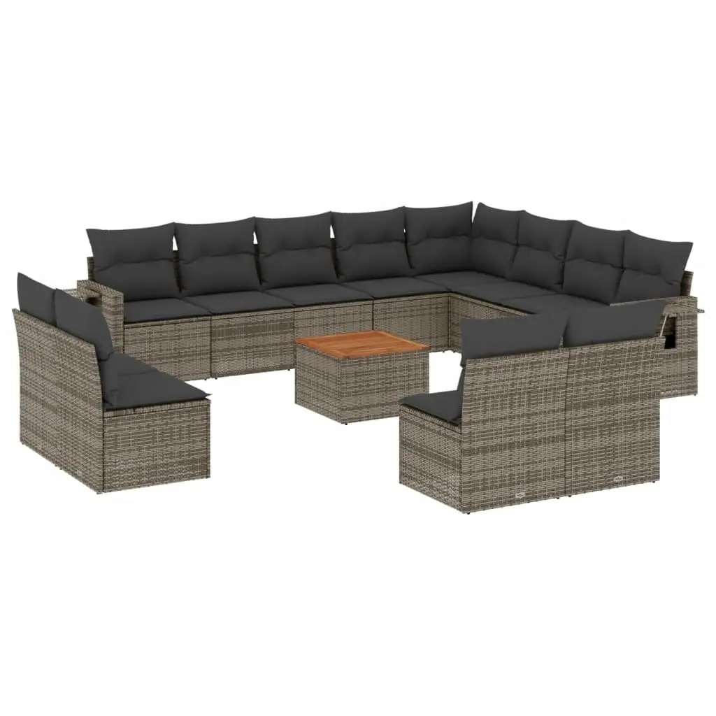 Outdoor Sectional Sofa Set 13 Piece Grey Poly Rattan with Acacia Wood Table