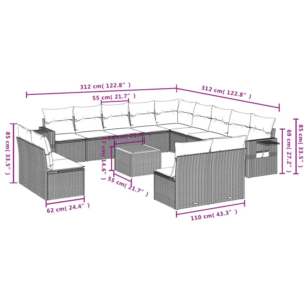 Outdoor Sectional Sofa Set PE Rattan Modular 14 Piece Grey with Cushions