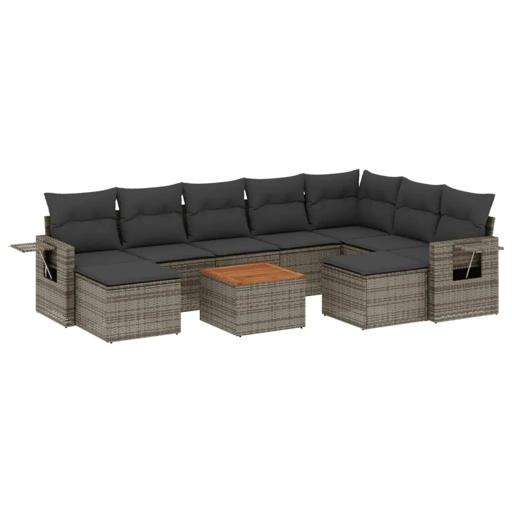 10 Piece Modular Outdoor Sofa Set Grey PE Rattan with Acacia Wood Table Top and Removable Cushion Covers