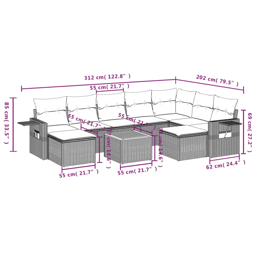 10 Piece Modular Outdoor Sofa Set Grey PE Rattan with Acacia Wood Table Top and Removable Cushion Covers