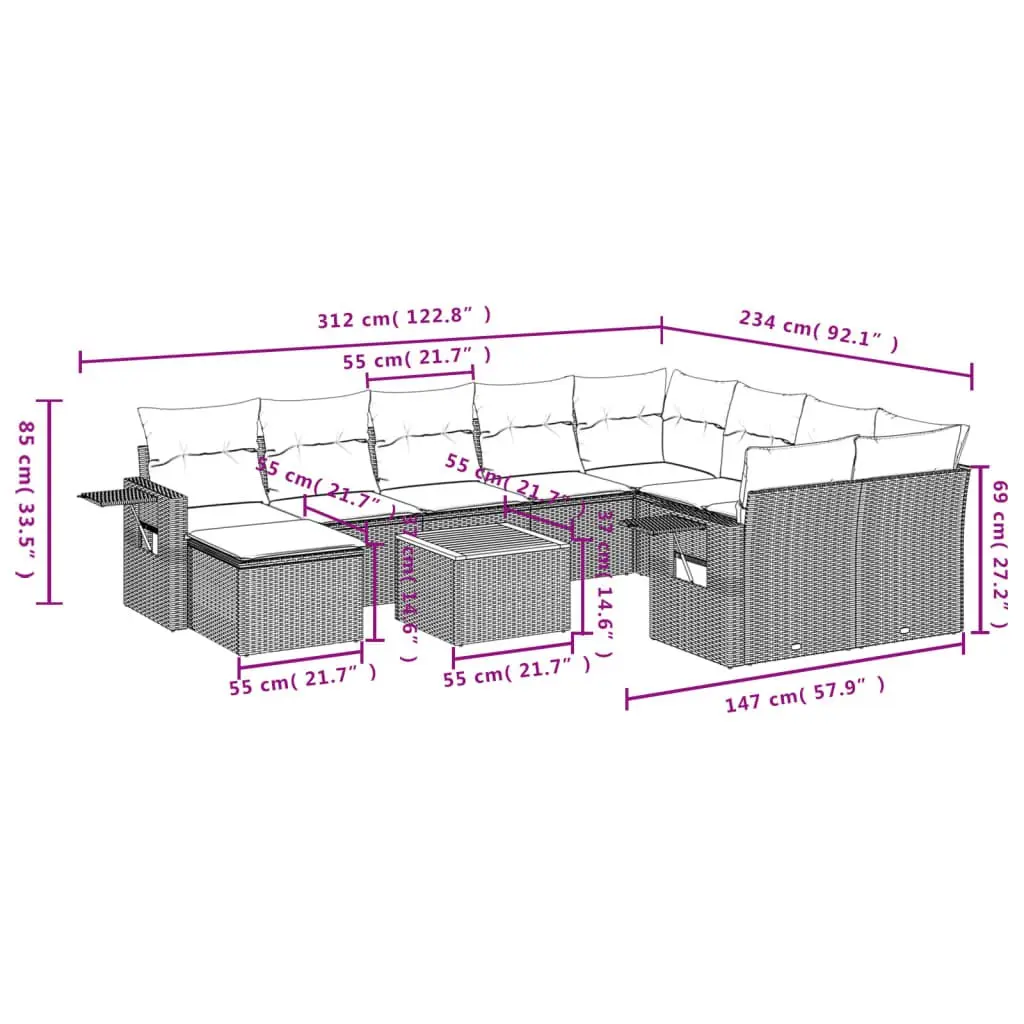 Outdoor Sectional Sofa Set PE Rattan 11 Piece Grey Modular Garden Furniture with Cushions