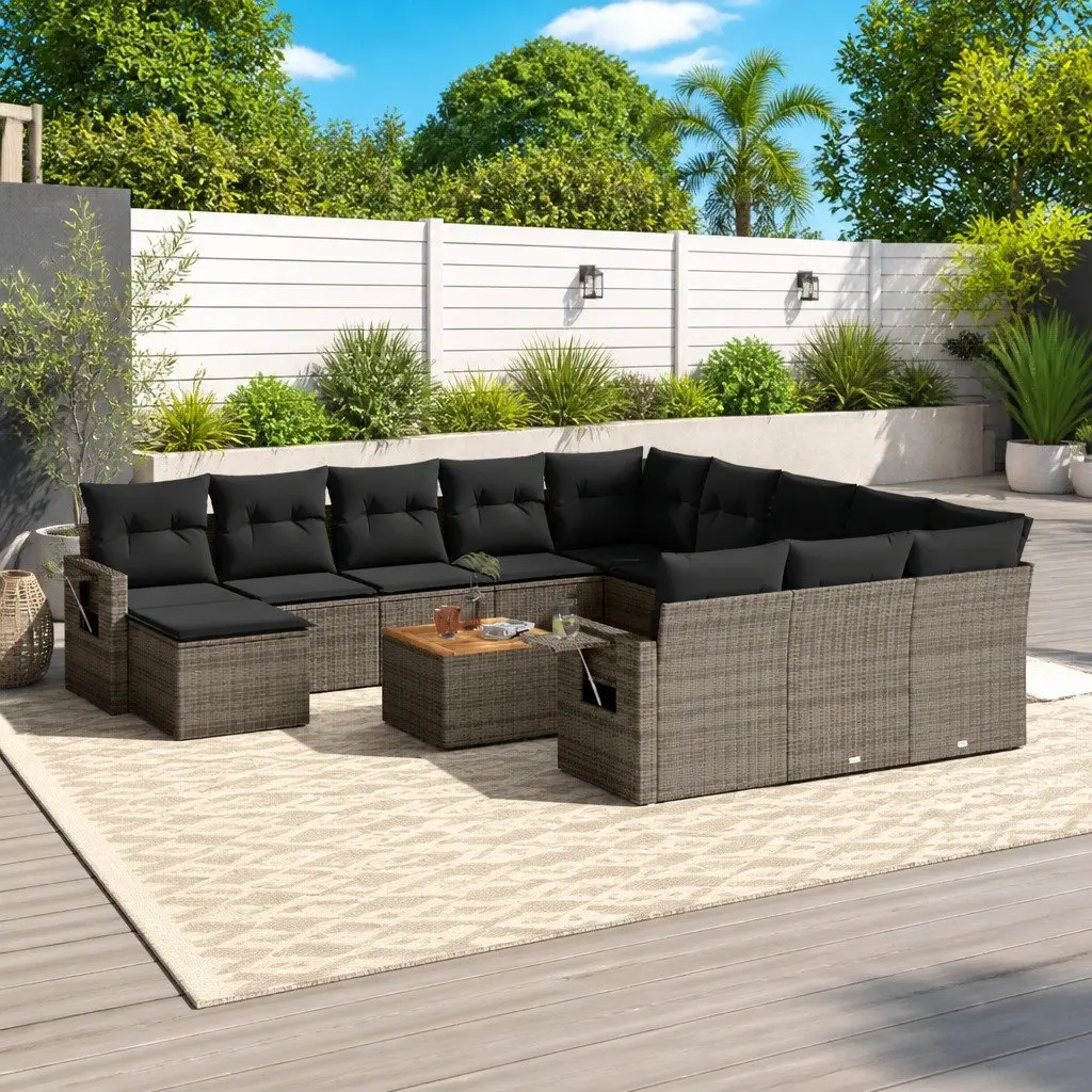 Outdoor Sectional Sofa Set PE Rattan 13 Piece Grey with Acacia Wood Table Top and Removable Cushions