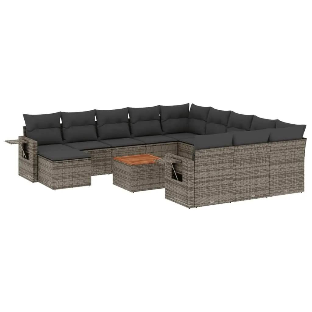 Outdoor Sectional Sofa Set PE Rattan 13 Piece Grey with Acacia Wood Table Top and Removable Cushions