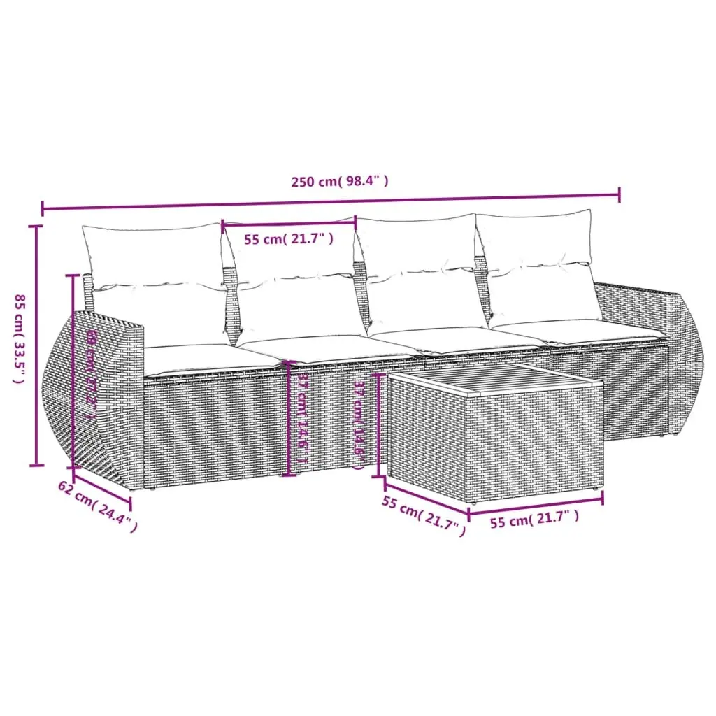 5 Piece Outdoor Garden Sofa Set PE Rattan Modular Beige with Cushions Acacia Wood Table Top