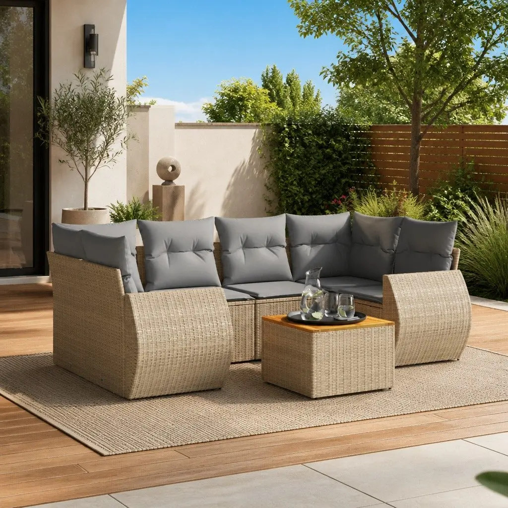 7 Piece Outdoor Garden Sofa Set PE Rattan Beige Cushions Acacia Wood Tabletop