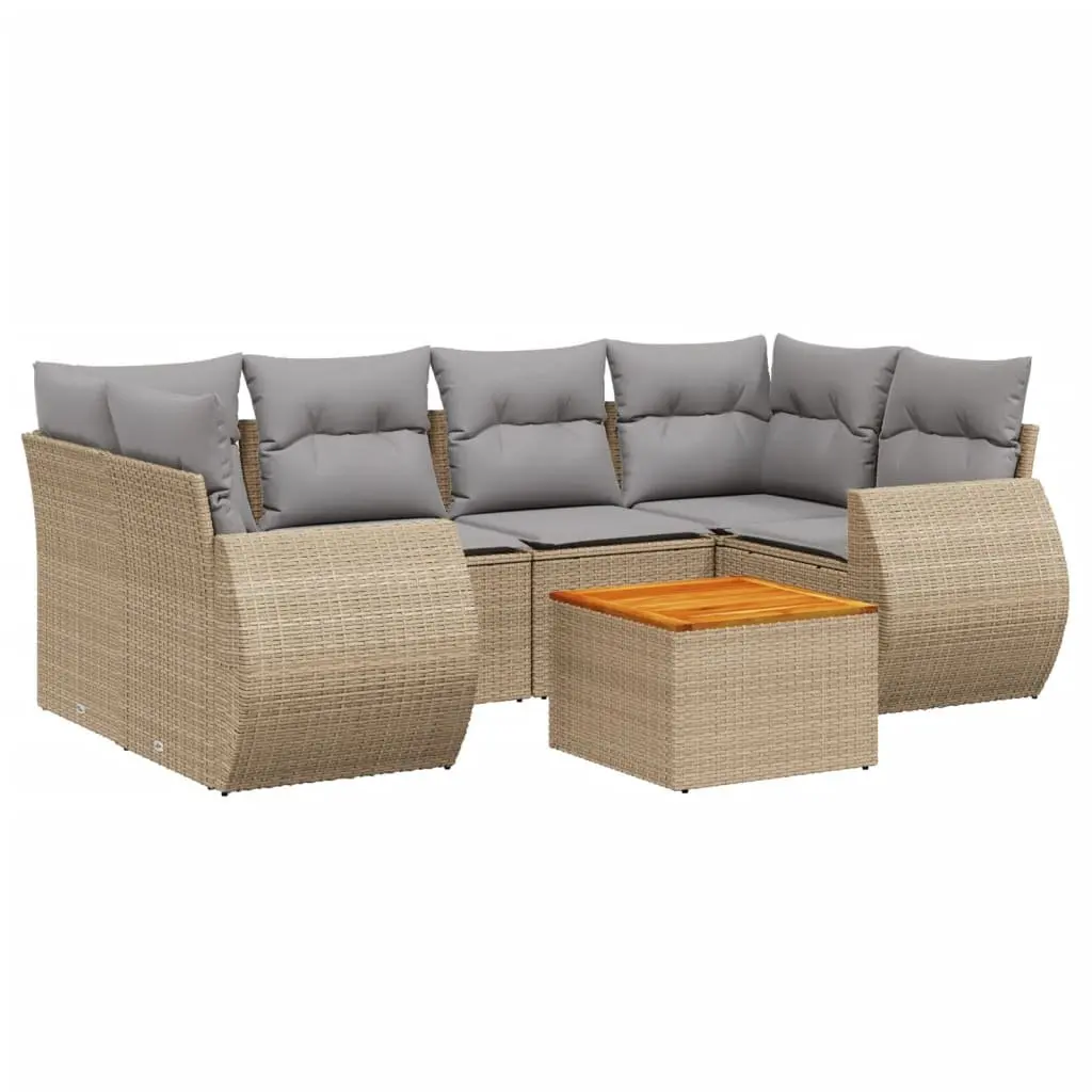 7 Piece Outdoor Garden Sofa Set PE Rattan Beige Cushions Acacia Wood Tabletop
