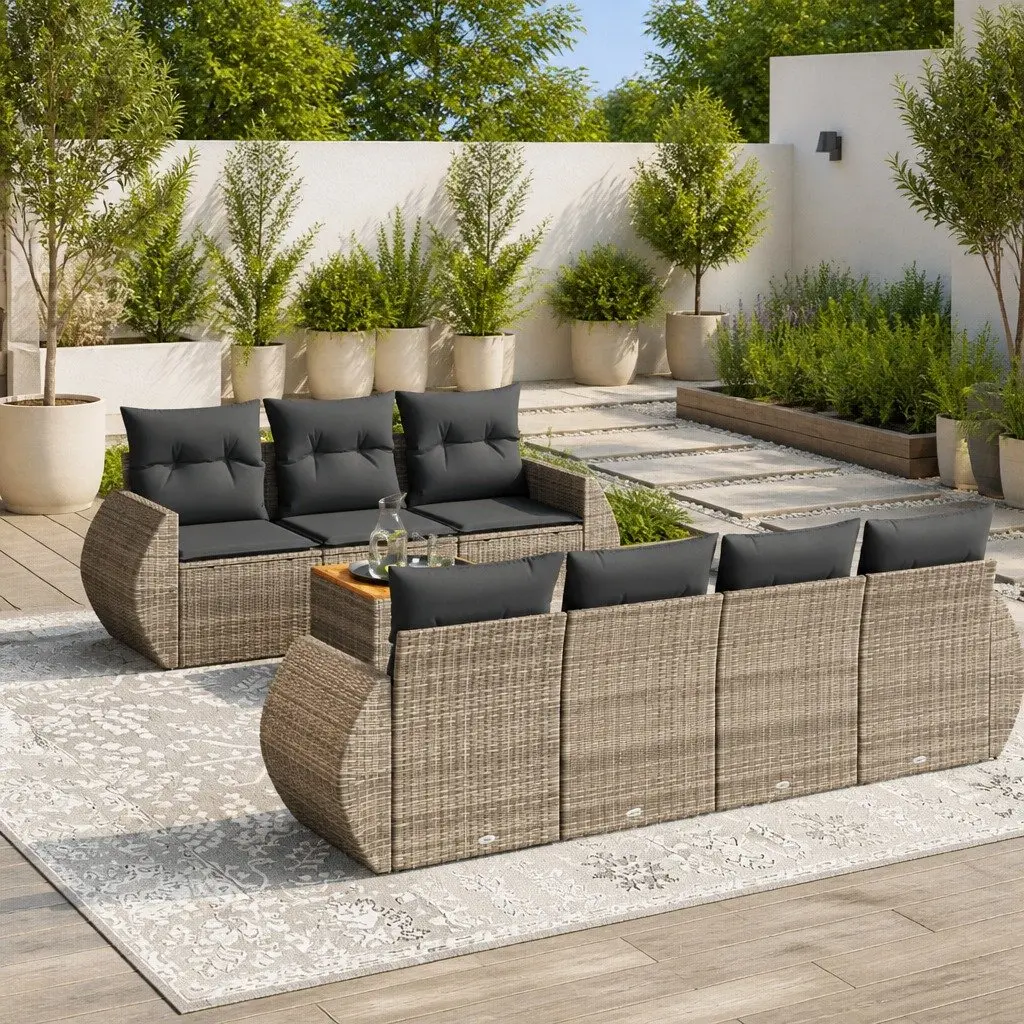 8 Piece Modular Patio Furniture Set Grey PE Rattan with Acacia Wood Tabletop and Cushions