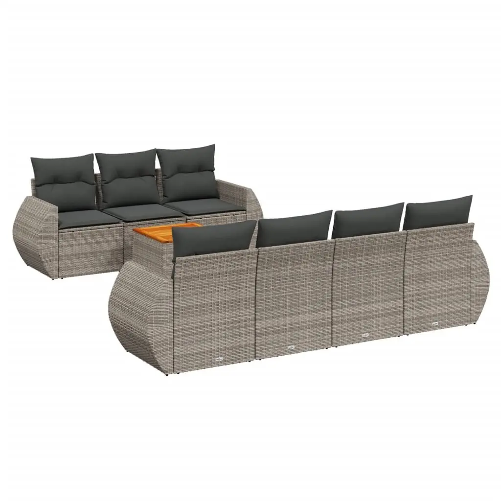 8 Piece Modular Patio Furniture Set Grey PE Rattan with Acacia Wood Tabletop and Cushions