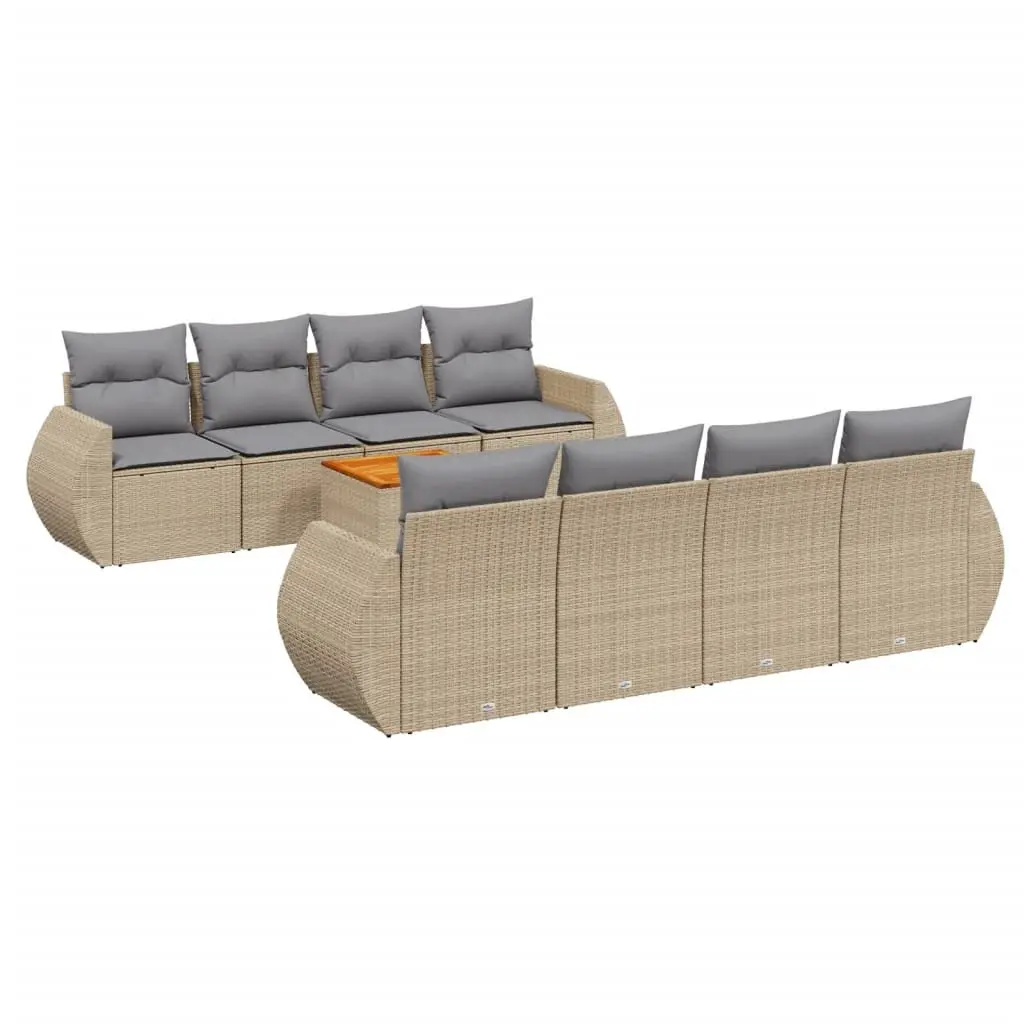 9 Piece Modular Sofa Set Beige Poly Rattan with Cushions Acacia Wood Tabletop for Outdoor Garden Patio Use