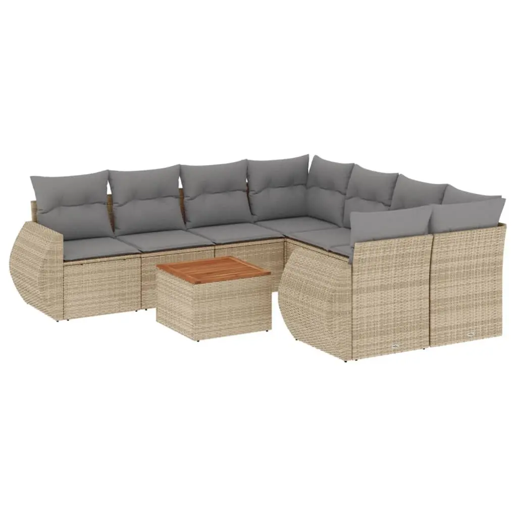 9 Piece Garden Sofa Set PE Rattan Acacia Wood Top Beige Outdoor Furniture