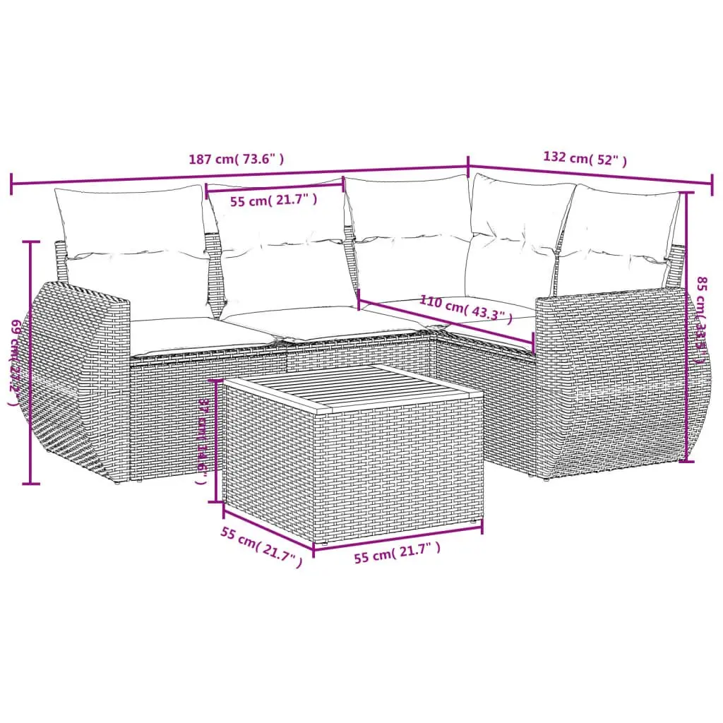 5 Piece Garden Sofa Set PE Rattan Beige with Cushions Acacia Wood Table