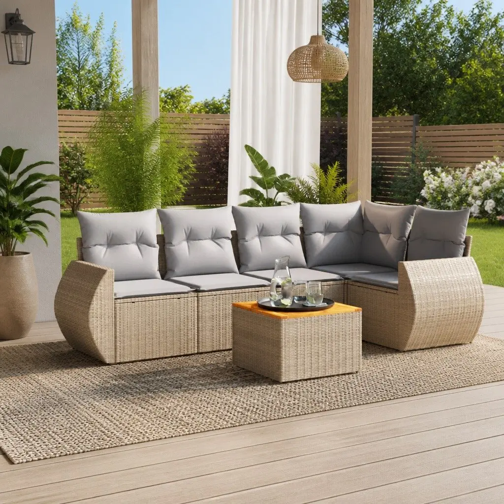 Outdoor Garden Sofa Set 6 Piece Beige Poly Rattan Patio Furniture with Cushions