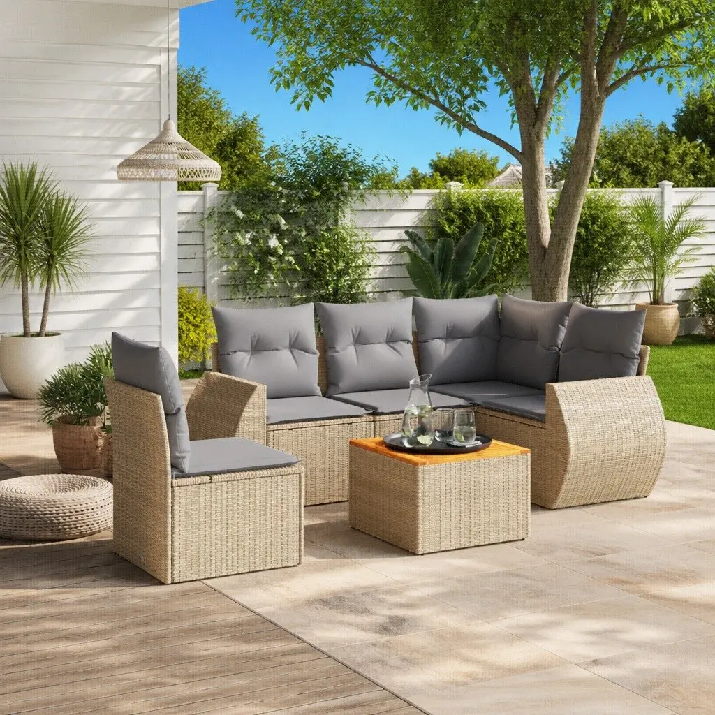 Outdoor Sofa Set PE Rattan 6 Piece Beige with Cushions