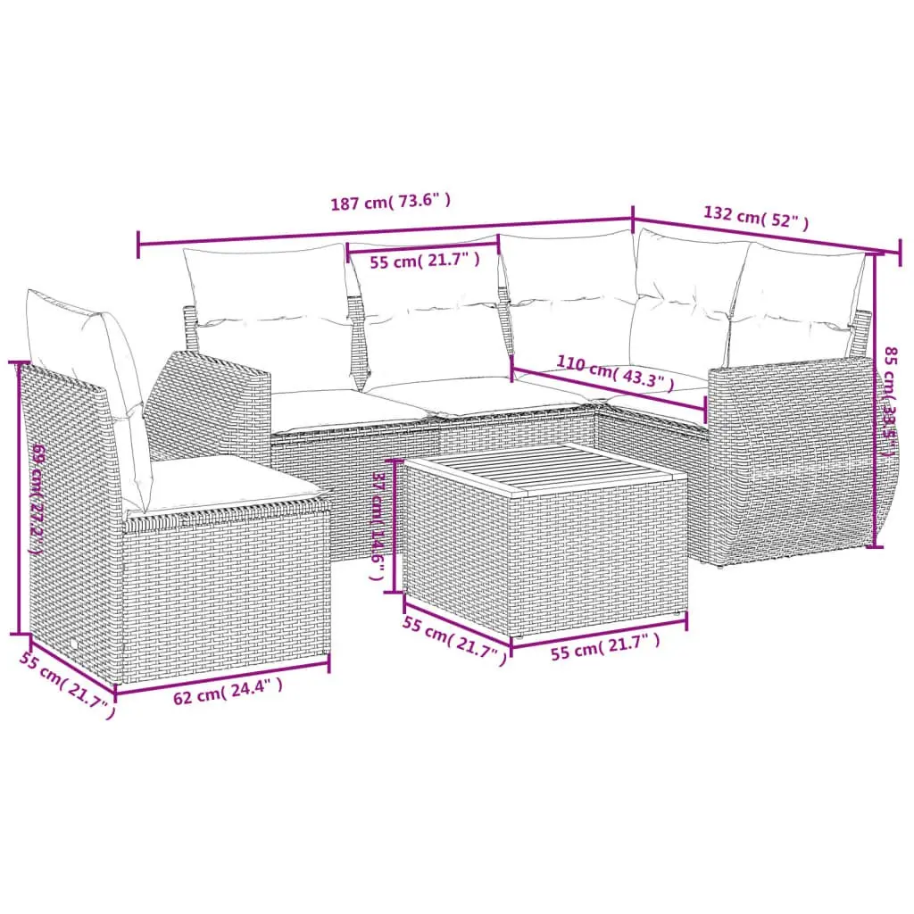 Garden Sofa Set Modular PE Rattan 6 Piece Outdoor Patio Furniture with Cushions Grey
