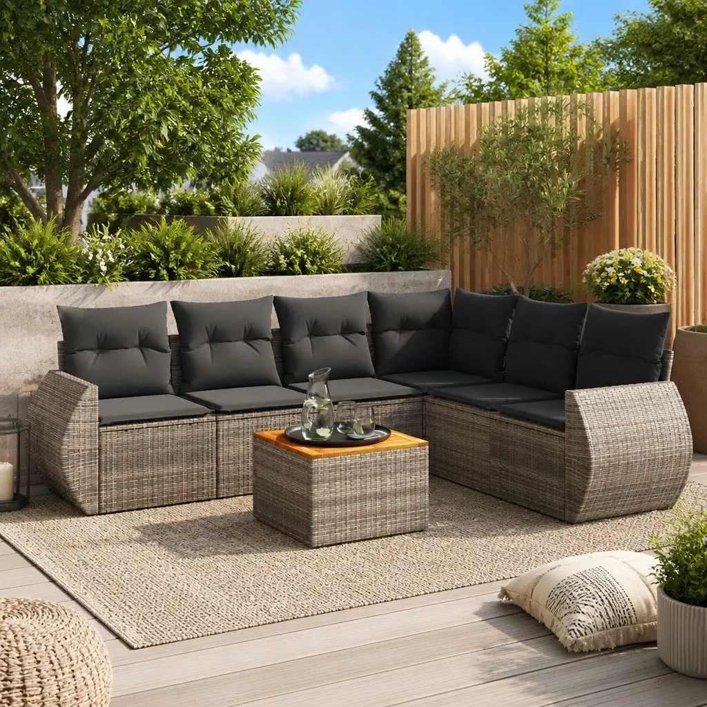 7 Piece Outdoor Furniture Set Modular Grey Poly Rattan Sofa with Cushions for Patio