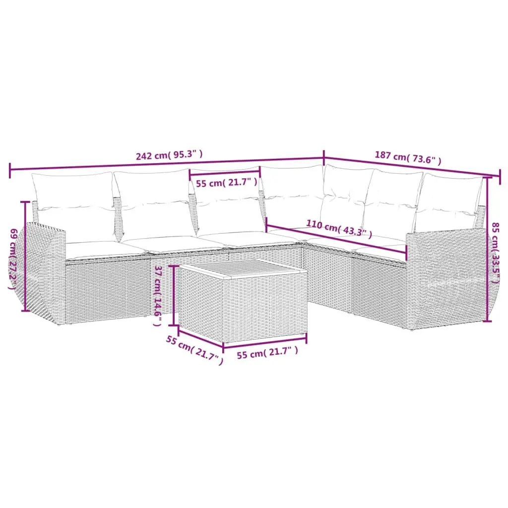 7 Piece Outdoor Furniture Set Modular Grey Poly Rattan Sofa with Cushions for Patio