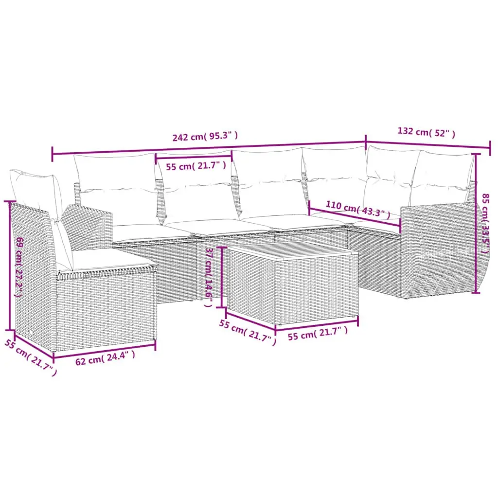 7 Piece Outdoor Garden Sofa Set PE Rattan Frame Acacia Wood Table Top Beige