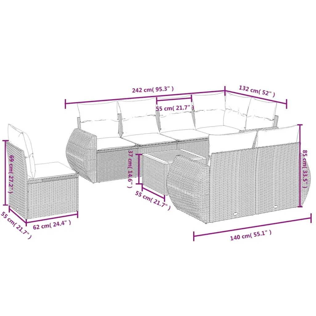 Garden Sofa Set PE Rattan 9 Piece Modular Outdoor Furniture Grey
