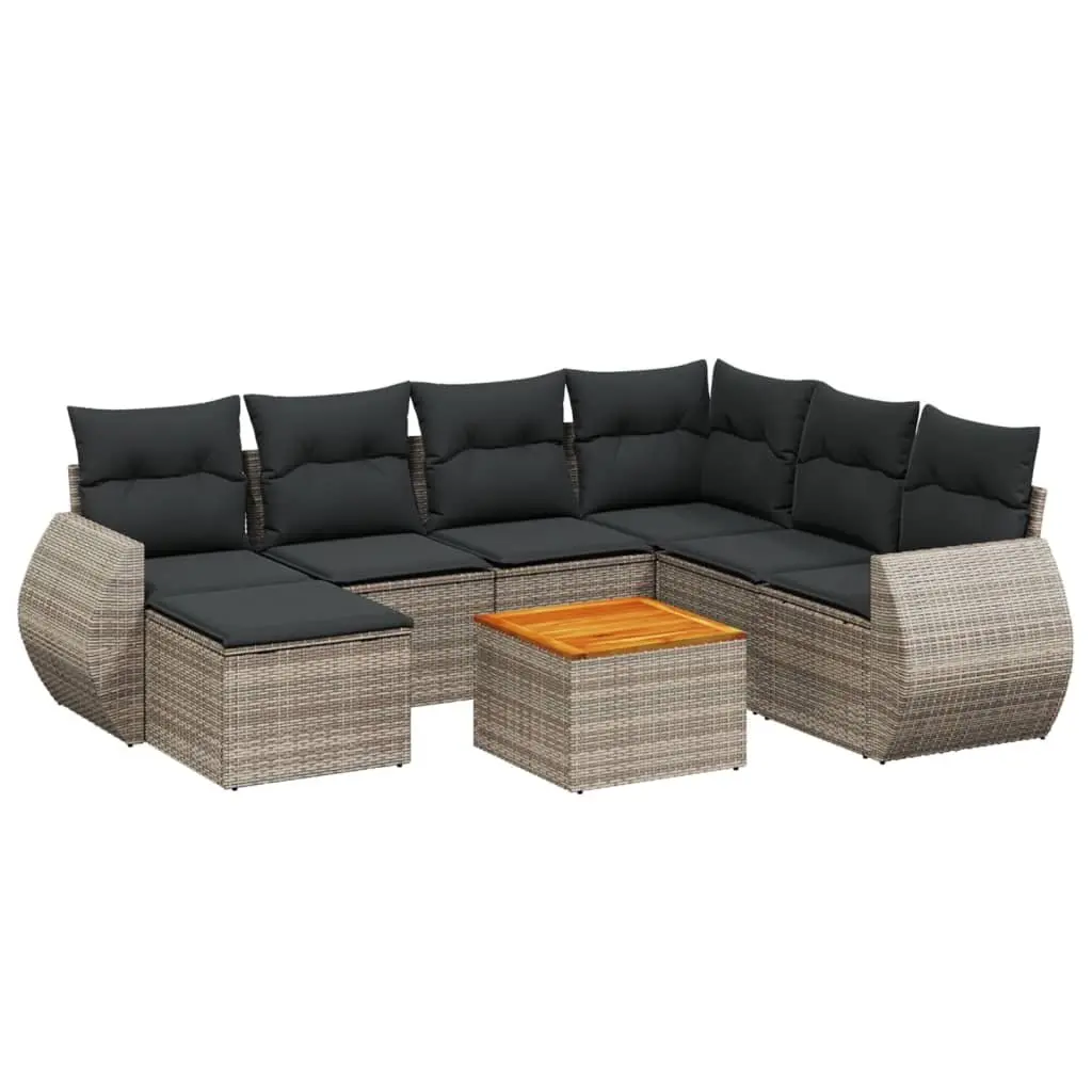 Garden Sofa Set 8 Piece Modular Outdoor Furniture PE Rattan Grey Cushions Acacia Wood Table