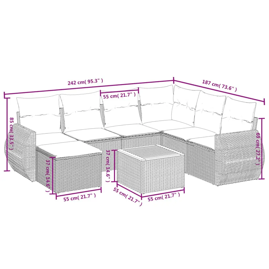 Garden Sofa Set 8 Piece Modular Outdoor Furniture PE Rattan Grey Cushions Acacia Wood Table