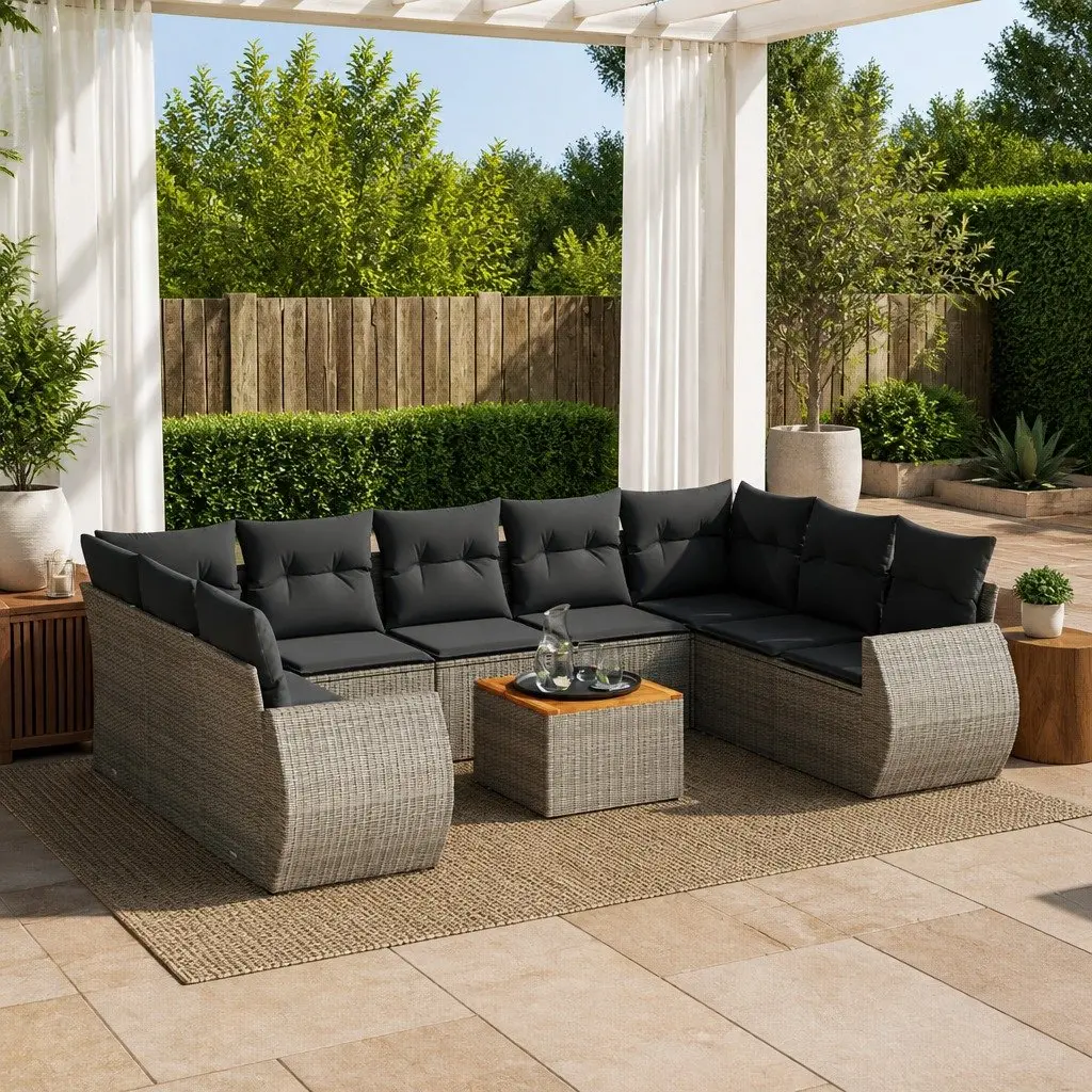 Garden Sofa Set PE Rattan 10 Piece Outdoor Furniture Grey with Acacia Wood Table Top and Cushions