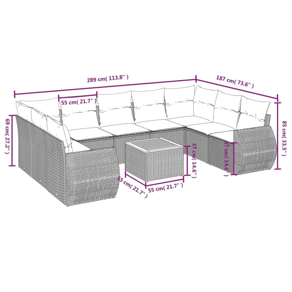 Garden Sofa Set PE Rattan 10 Piece Outdoor Furniture Grey with Acacia Wood Table Top and Cushions