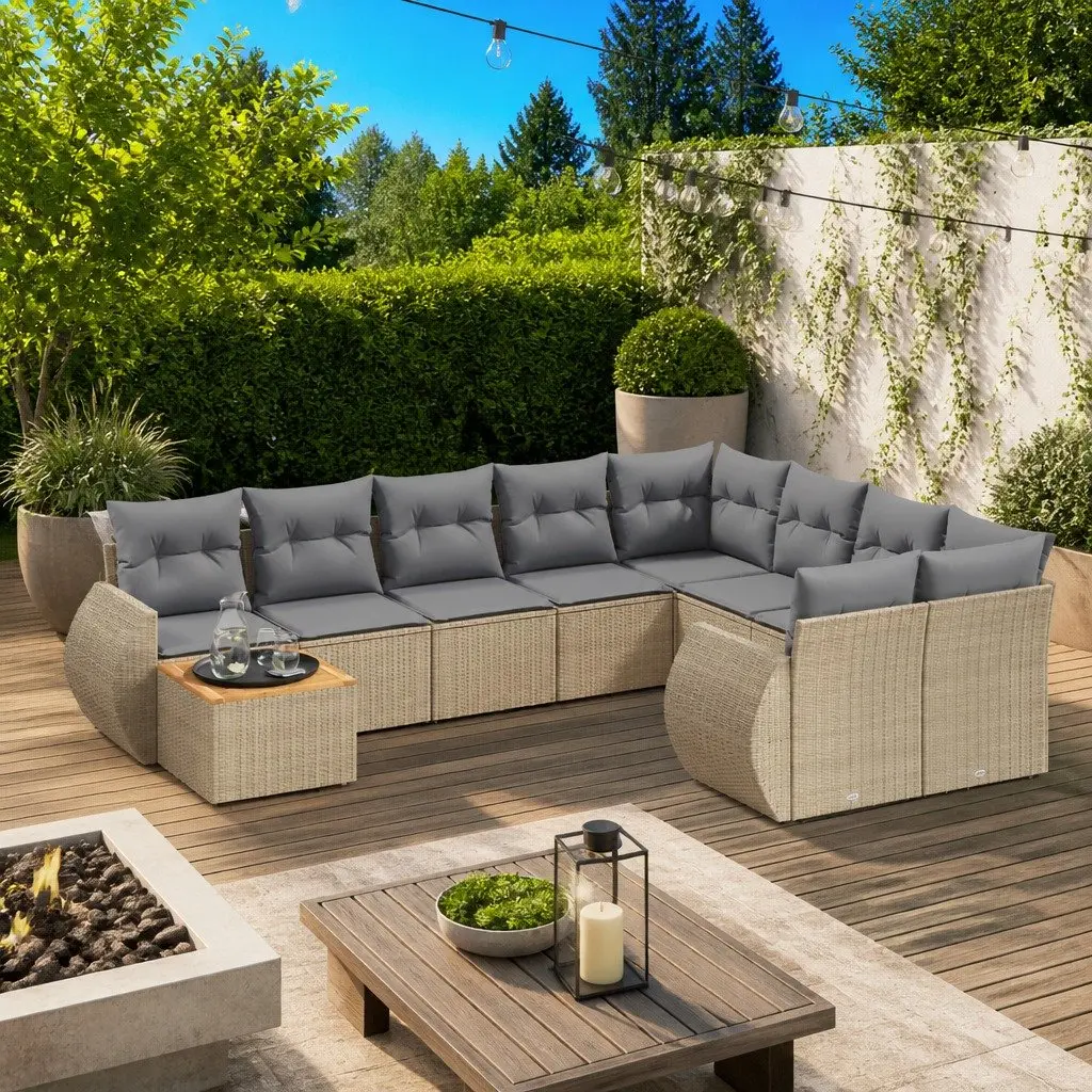 10 Piece Outdoor Garden Sofa Set Beige Poly Rattan Patio Furniture with Cushions