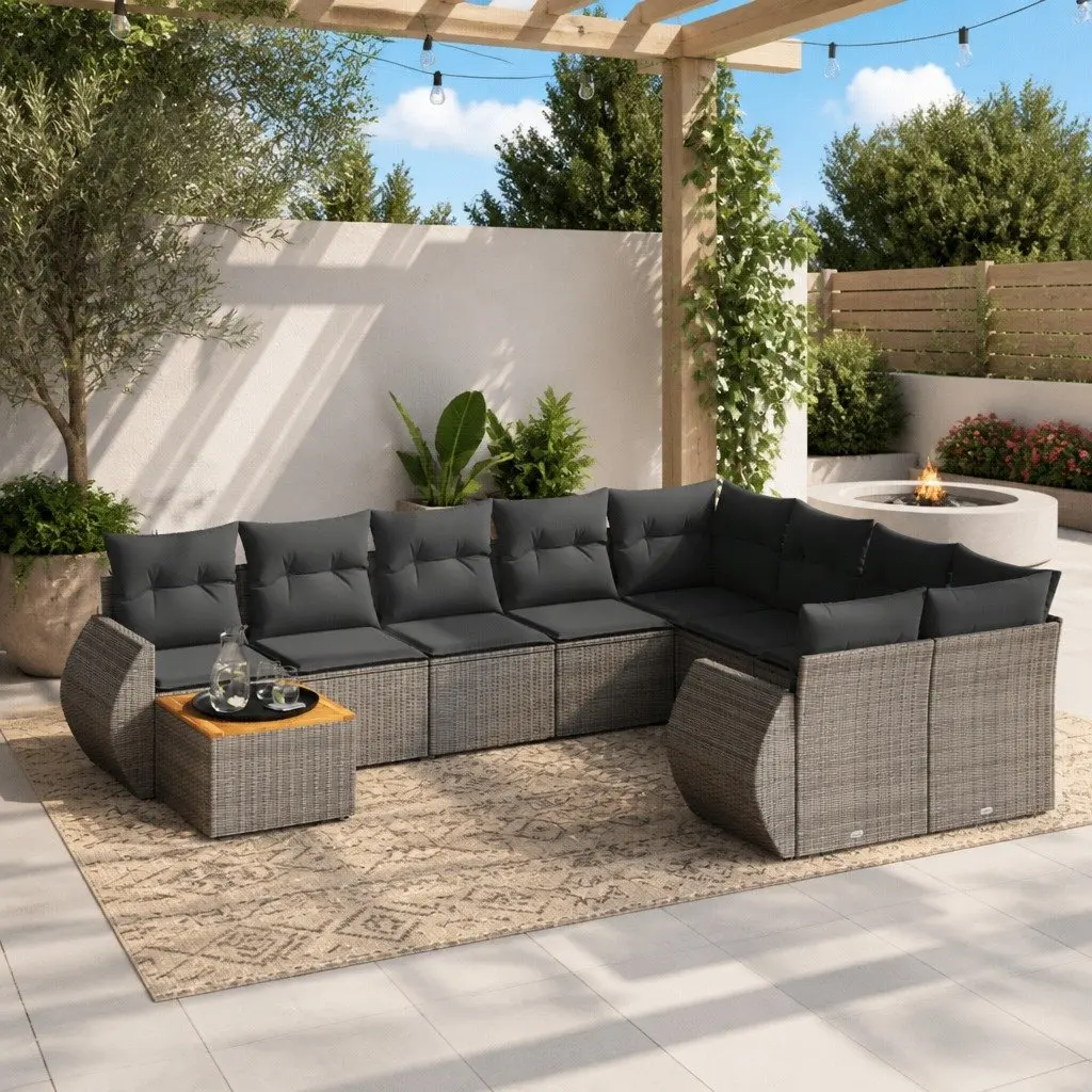 10 Piece Garden Sofa Set PE Rattan Acacia Wood Table Grey
