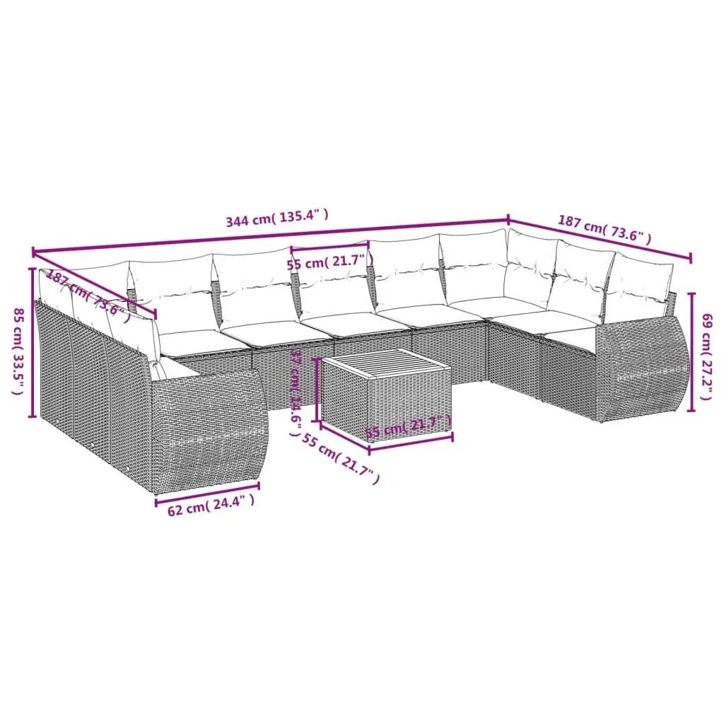 Garden Sofa Set 11 Piece PE Rattan Modular Outdoor Furniture Grey with Acacia Wood Tabletop