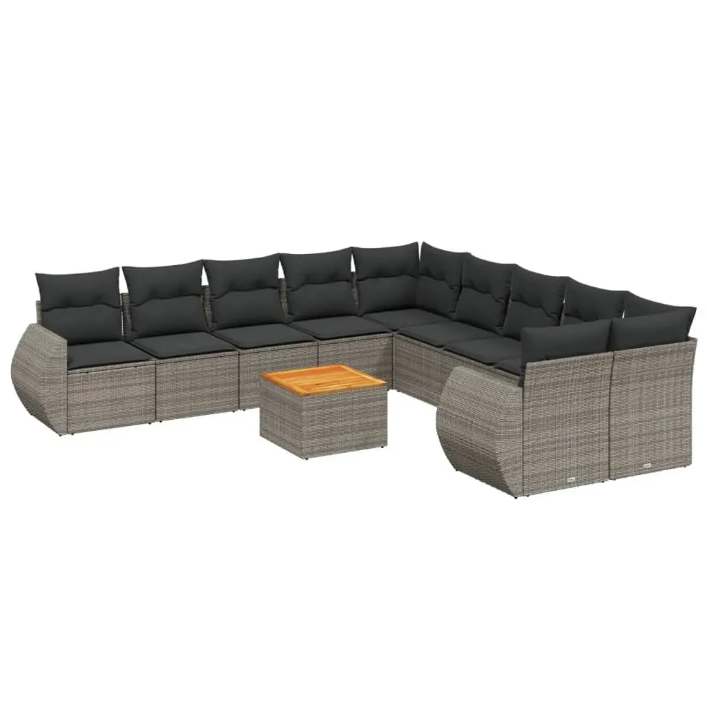 11 Piece Modular Outdoor Sofa Set Grey Rattan with Cushions and Acacia Wood Table