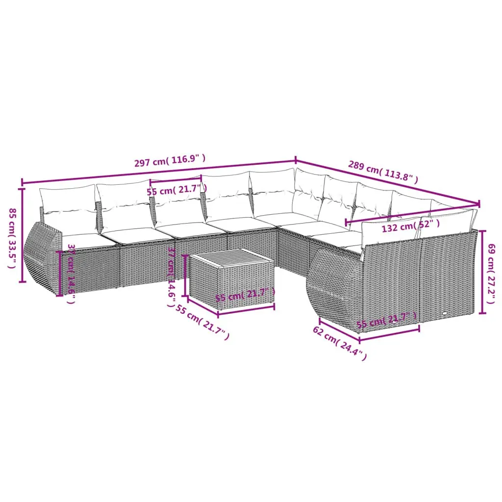 11 Piece Modular Outdoor Sofa Set Grey Rattan with Cushions and Acacia Wood Table