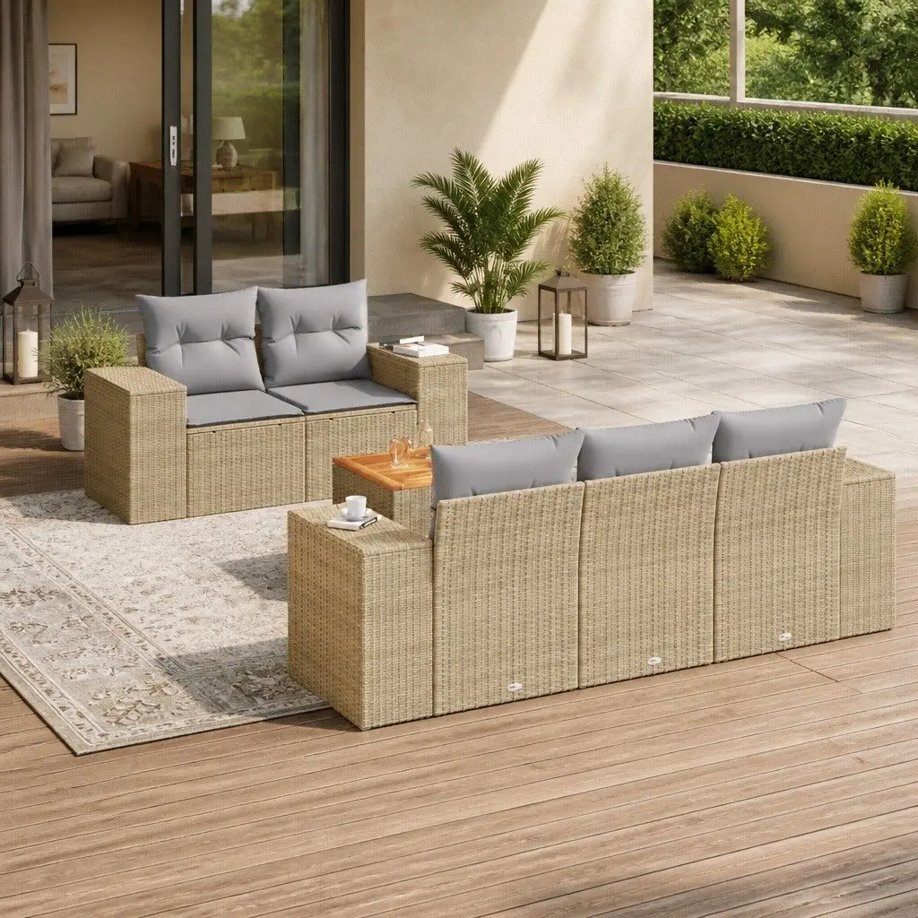 Outdoor Garden Sofa Set 6 Piece Patio Furniture with Cushions Beige Rattan