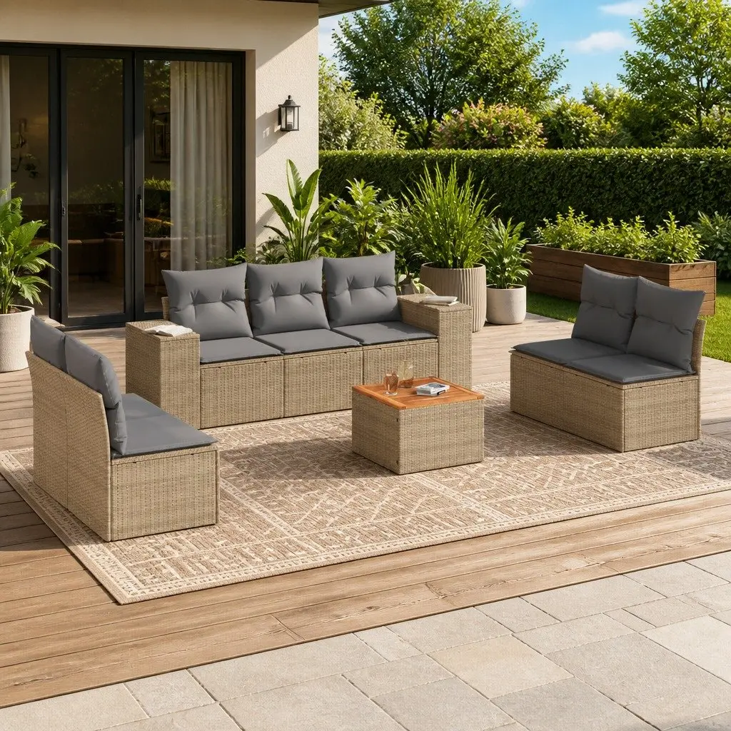 Garden Sofa Set 8 Piece PE Poly Rattan Outdoor Furniture Modular Beige with Cushions