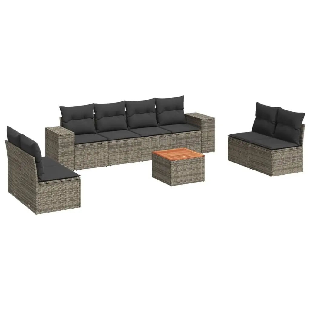 Outdoor Patio Furniture Set 9 Piece Grey Poly Rattan Cushions Acacia Wood Tabletop