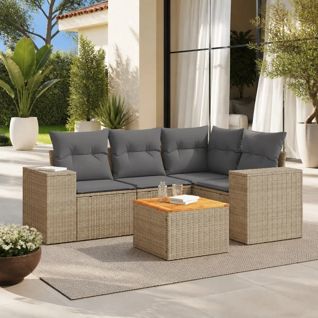 Garden Sofa Set PE Rattan 5 Piece Outdoor Furniture Beige with Cushions