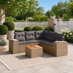 Garden Sofa Set 6 Piece Outdoor Furniture Patio Beige Poly Rattan Modular