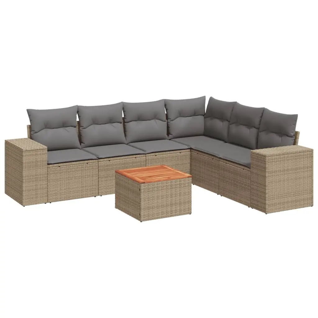 7 Piece Modular Garden Sofa Set with Cushions Beige PE Rattan and Acacia Wood Tabletop for Outdoor Patio Use