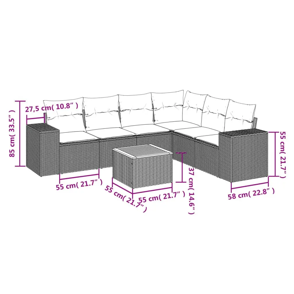 7 Piece Modular Garden Sofa Set with Cushions Beige PE Rattan and Acacia Wood Tabletop for Outdoor Patio Use