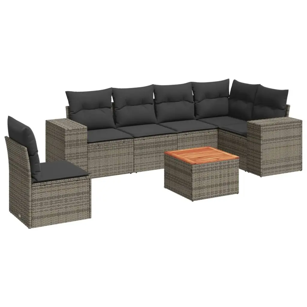 7 Piece Garden Sofa Set PE Rattan Acacia Wood Tabletop Grey Outdoor Furniture