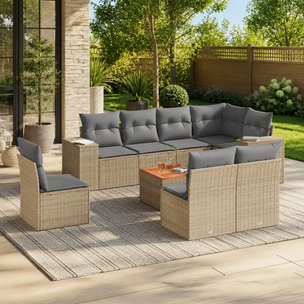 9 Piece Outdoor Garden Sofa Set PE Rattan Modular Furniture with Acacia Wood Table Beige
