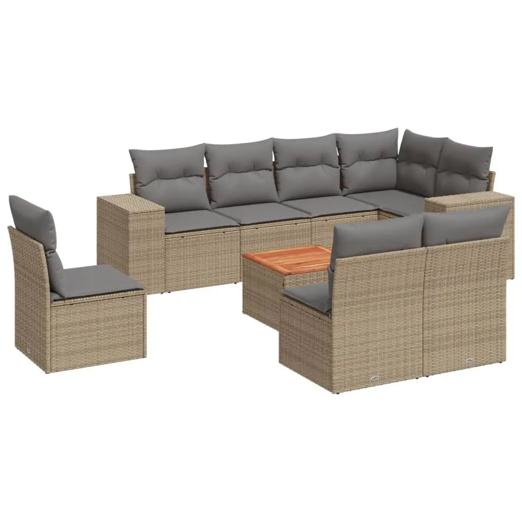 9 Piece Outdoor Garden Sofa Set PE Rattan Modular Furniture with Acacia Wood Table Beige