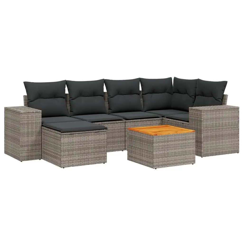 7 Piece Outdoor Garden Sofa Set Grey PE Rattan with Acacia Wood Table Top and Cushions