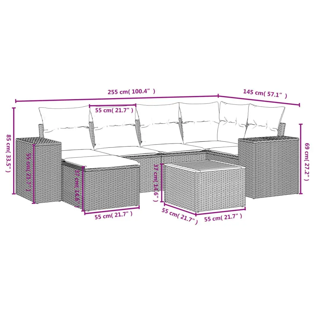 7 Piece Outdoor Garden Sofa Set Grey PE Rattan with Acacia Wood Table Top and Cushions