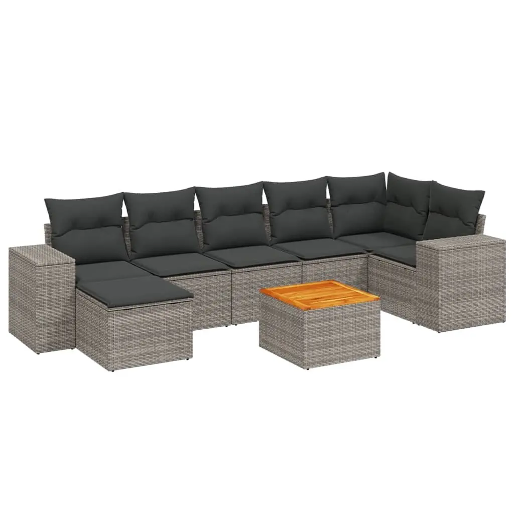8 Piece Modular Patio Sofa Set Grey Poly Rattan with Acacia Wood Table and Thick Cushions for Garden Outdoor Seating